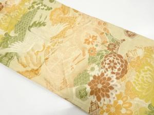 アンティーク　鼓に鶴・菊模様織り出し名古屋帯（材料）